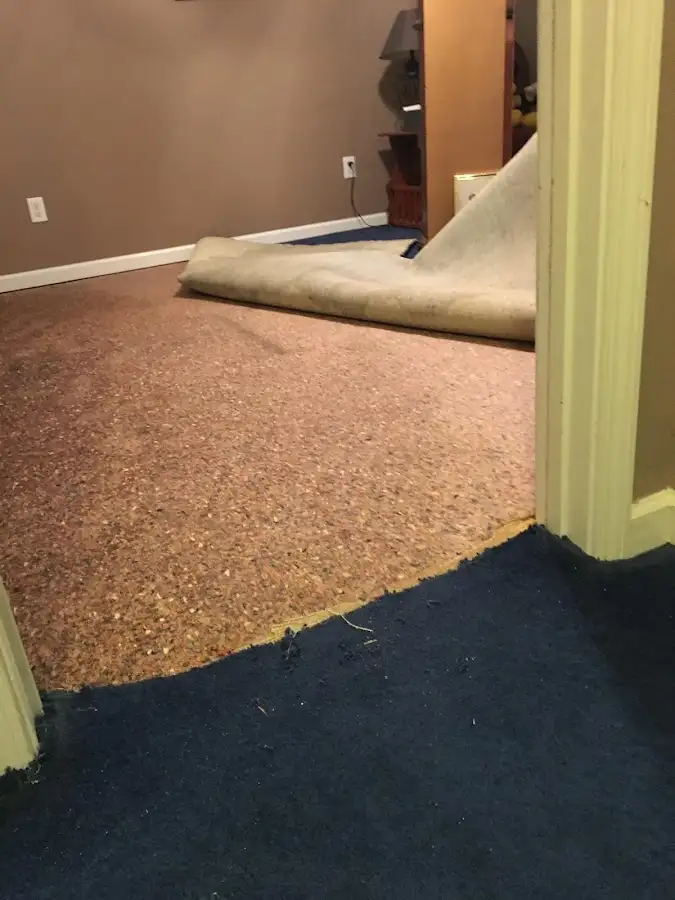 Carpet pad removal revealing water damage during Drying & Dehumidification in Lopatcong